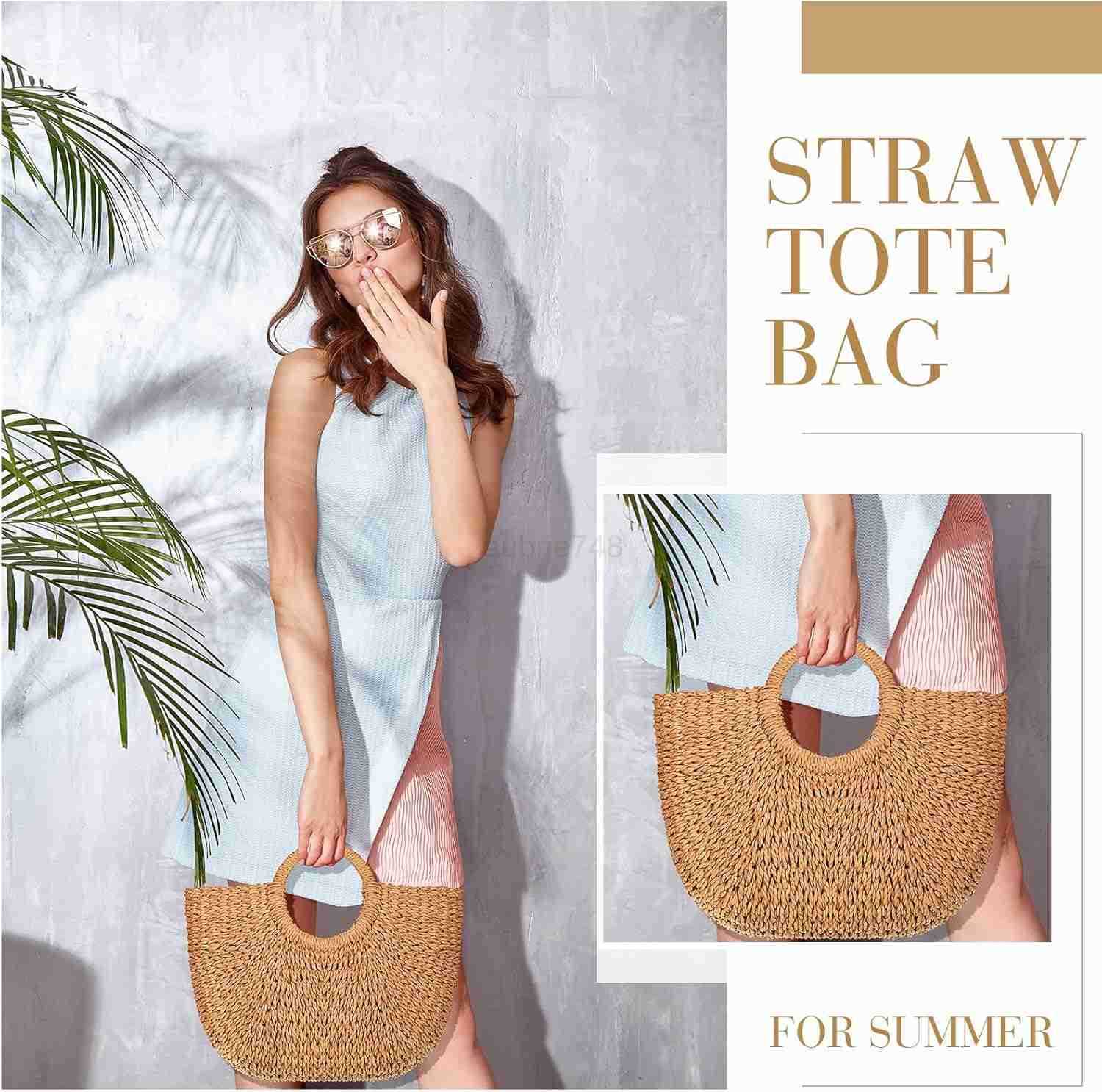 Frienda Straw Tote Bag Summer Beach Bag Handmade Straw Rattan Woven Handbag for Women Travel M250904