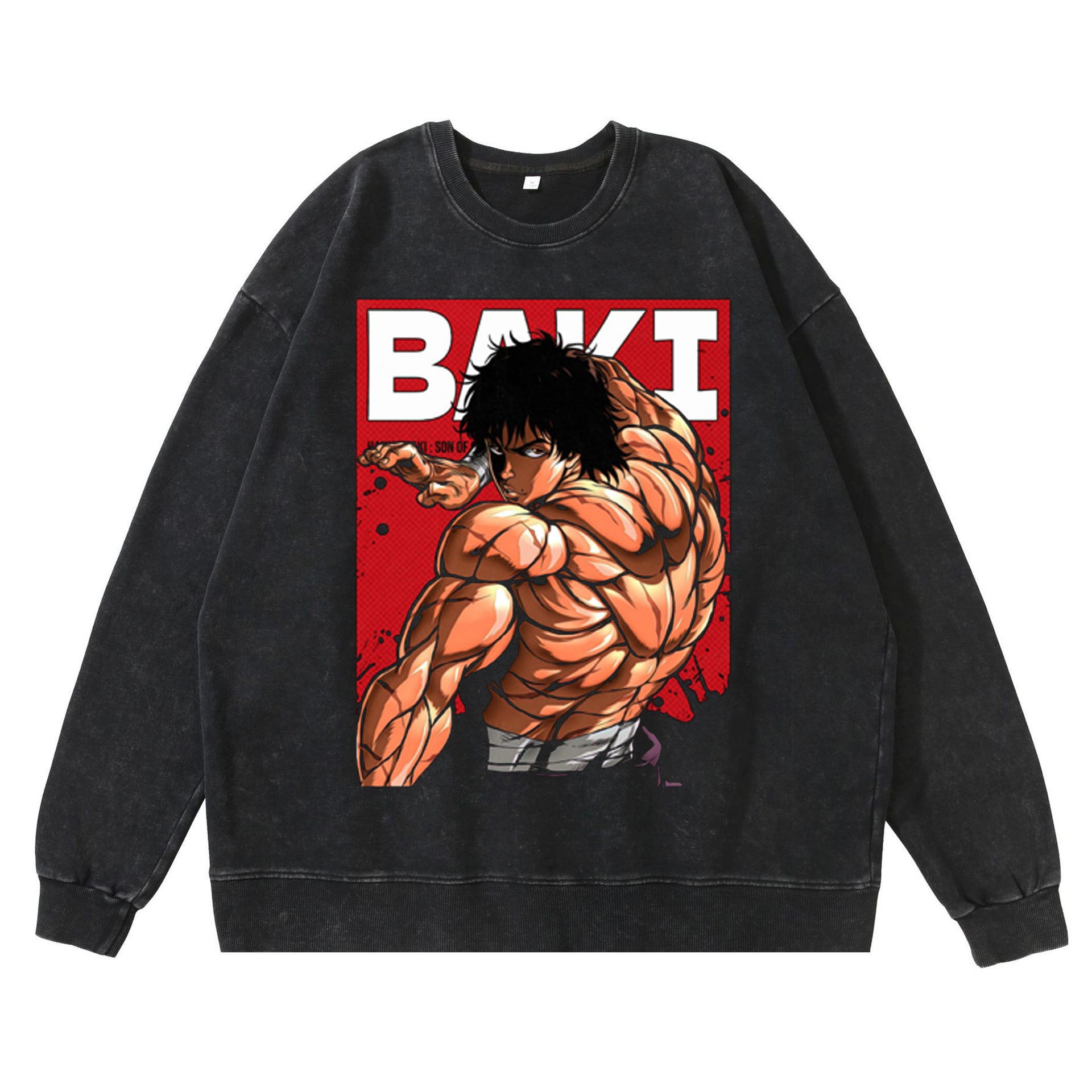 360g Heavyweight Washed Vintage Finish Baki Hanma Anime American Retro Crewneck Cotton Sweatshirt - TT8294