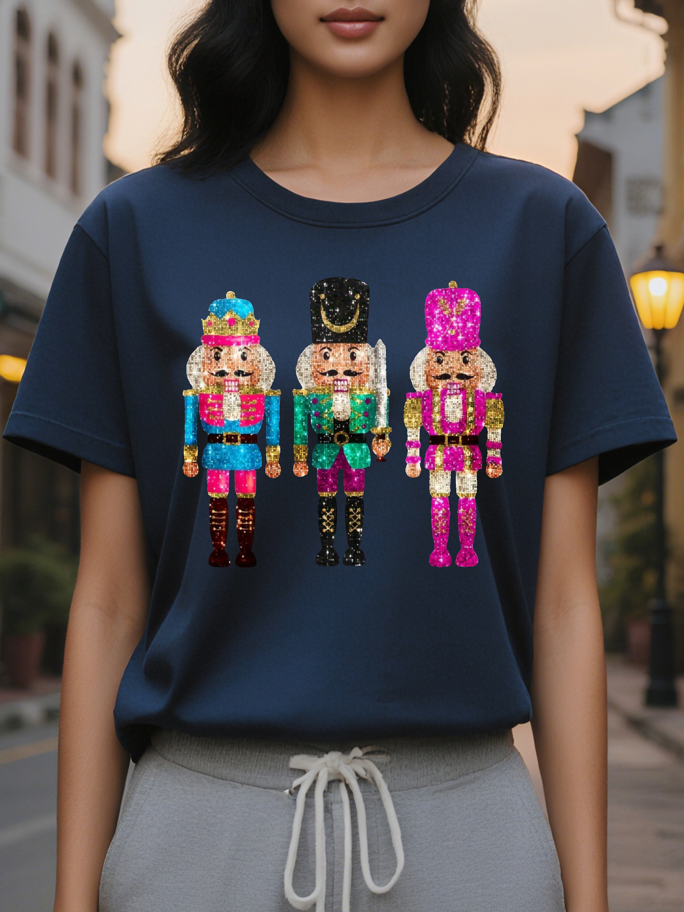 Large XL All Seasons Cotton Knit Fabric Women's Casual Cartoon Nutcracker Printed Round Neck T-Shirt Plus Size