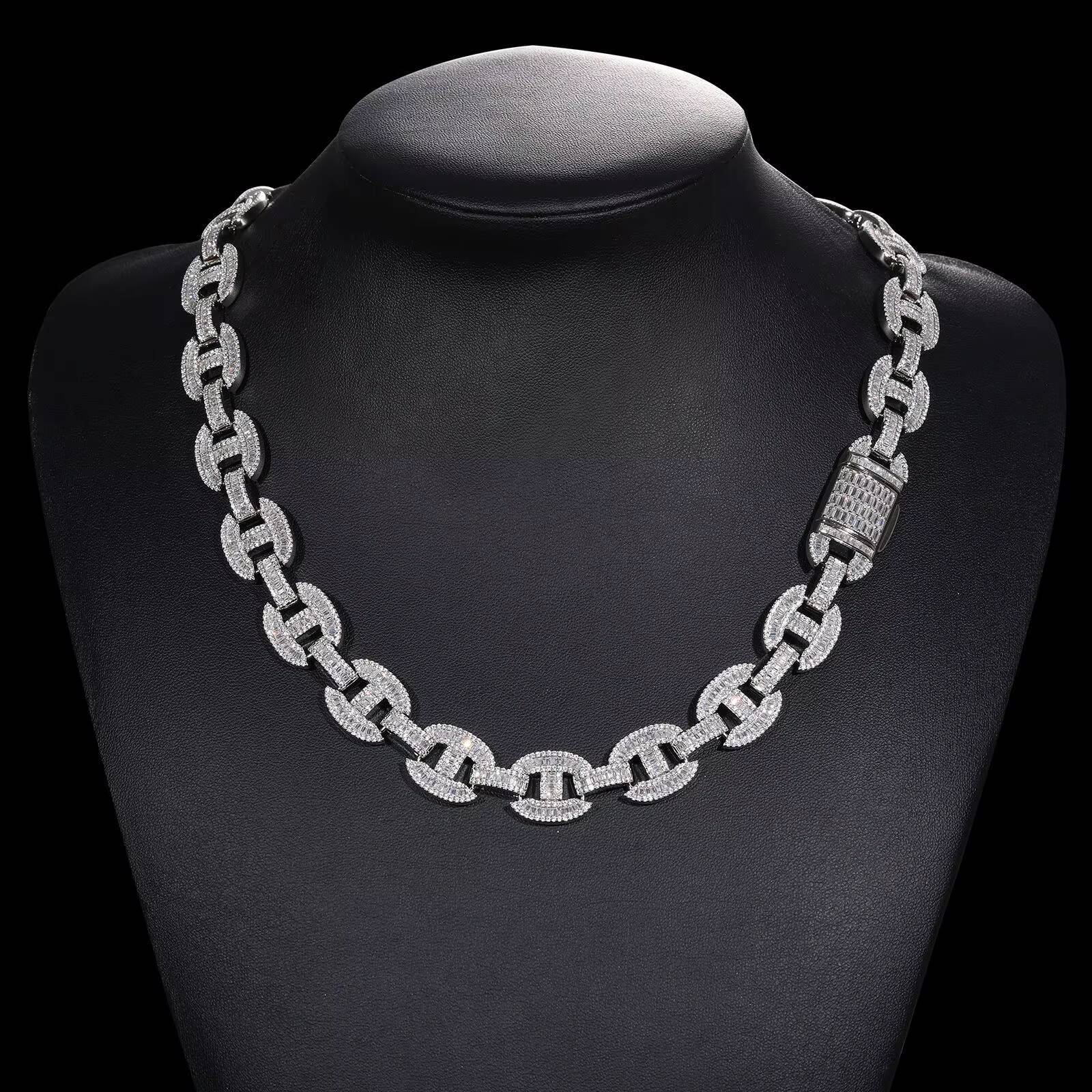 High Quality 16mm Baguette Hip Hop Link Chain 925 Sterling Silver VVS Moissanite Necklace for Men Iced Cuban Style
