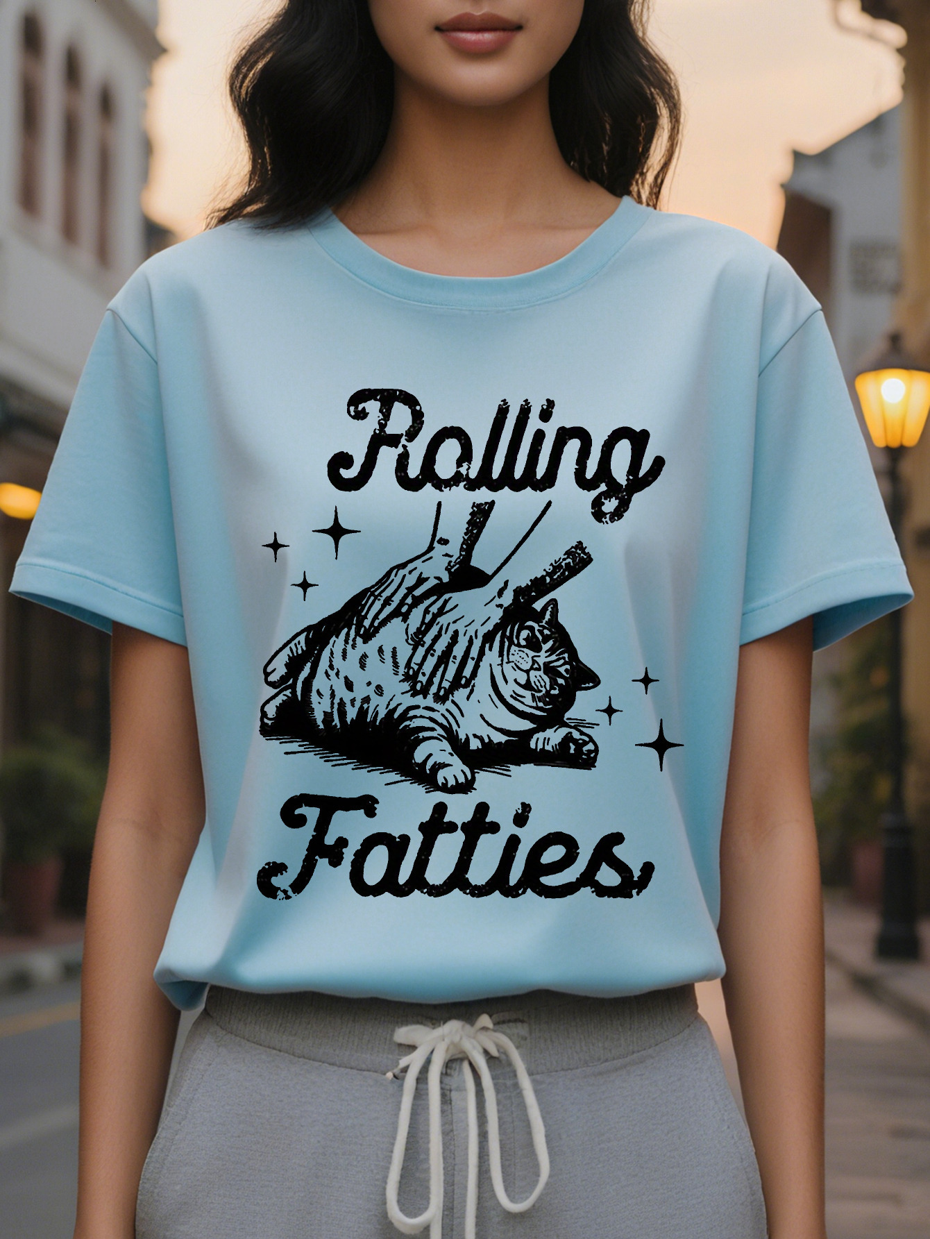 Lady Rolling Fat Man Pattern T Shirt Fun And Star Design Loose Short Sleeve Jacket Cottonlight Fabric