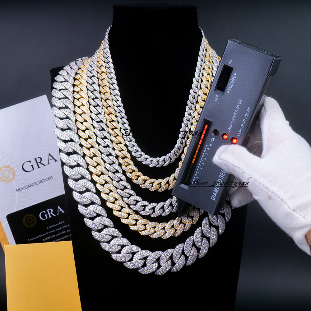 In Stock Wholesale Hiphop Jewelry 8 10 12 14 18 20 mm 925 Silver Iced Out Vvs Moissanite Miami Cuban Link Chain Necklace for Men