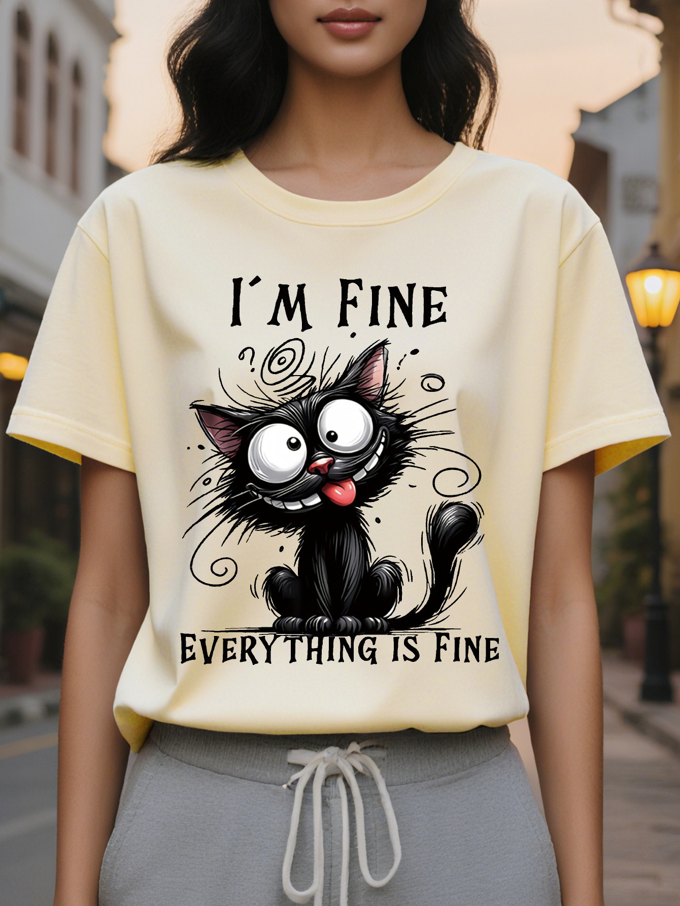 Large XL Humorous Casual Women's T-Shirt Light Yellow Short Sleeve I'm Everything Is Fine Graphic Print Crew Neck Summer Fit Plus Size