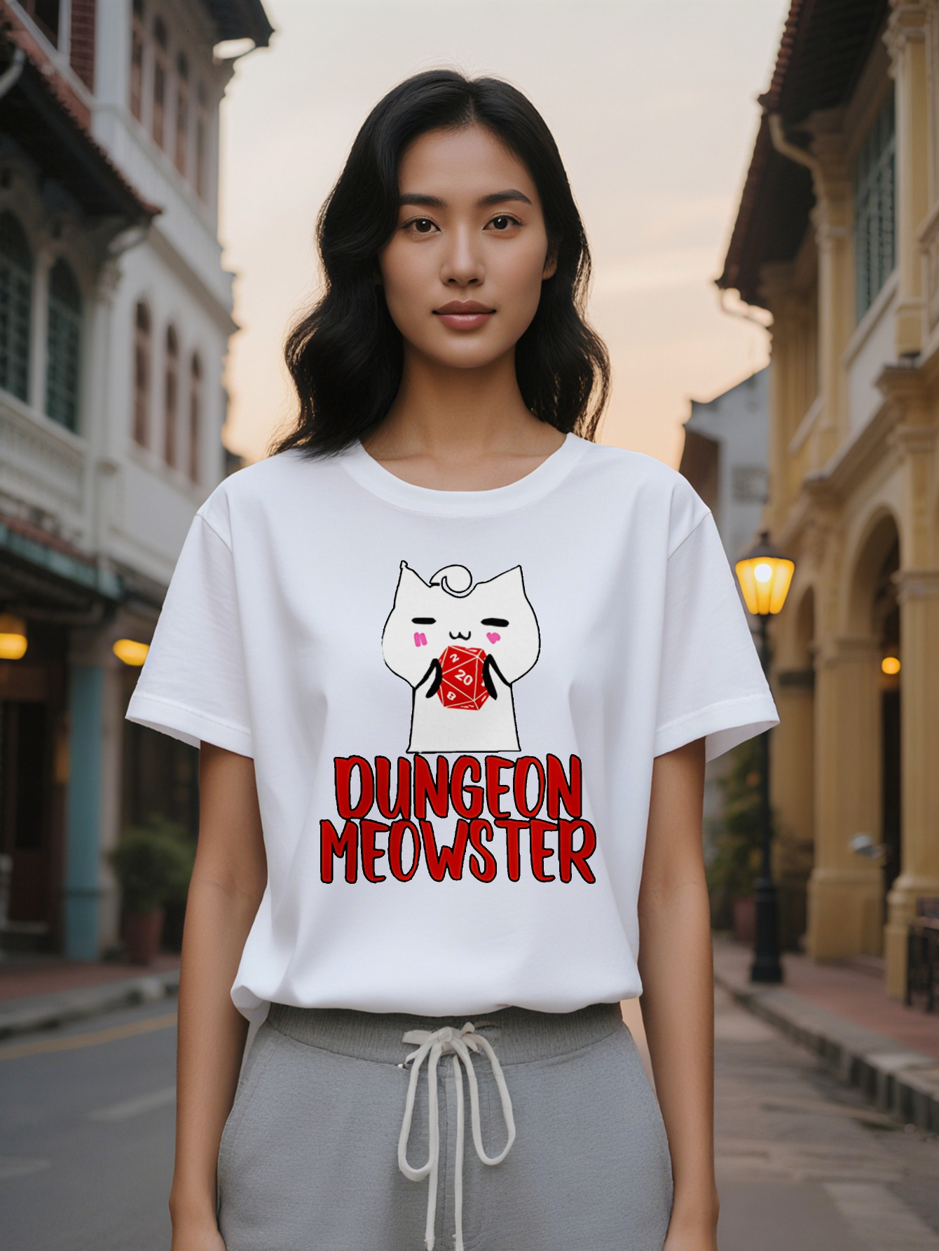 Large XL Lady Casual Graphic T-Shirt Black Round Neck Tee with White Cartoon Red Dice Print D Inspired Dungeon Meowster Plus Size