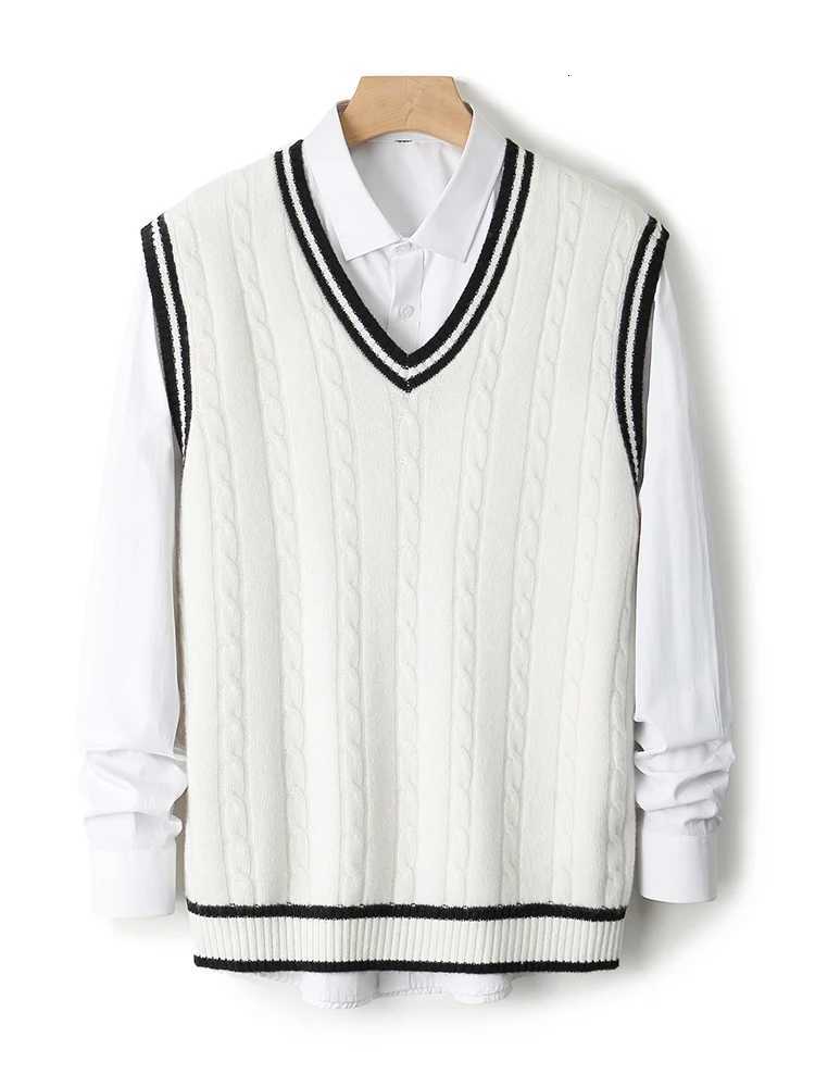 Chic Preppy Style Mens Pullover Vest Autumn Winter 100 Merino Wool Sleeveless Knitwear Thick VNeck Casual Sweater WaistcoatXJ250904