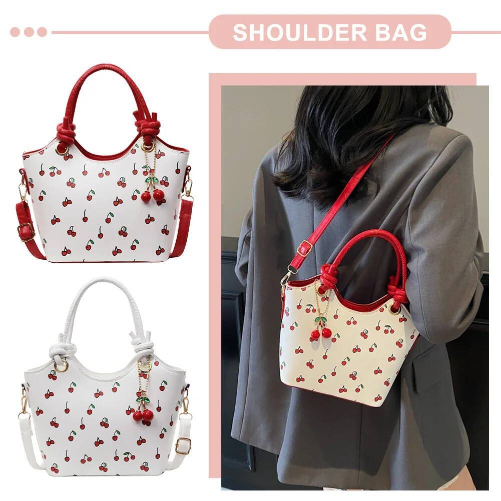 PU Leather Bucket Fashion Shoulder for Women Girls Cherry Printed Crossbody Trendy Top-handle Bag with Adjustable Strap