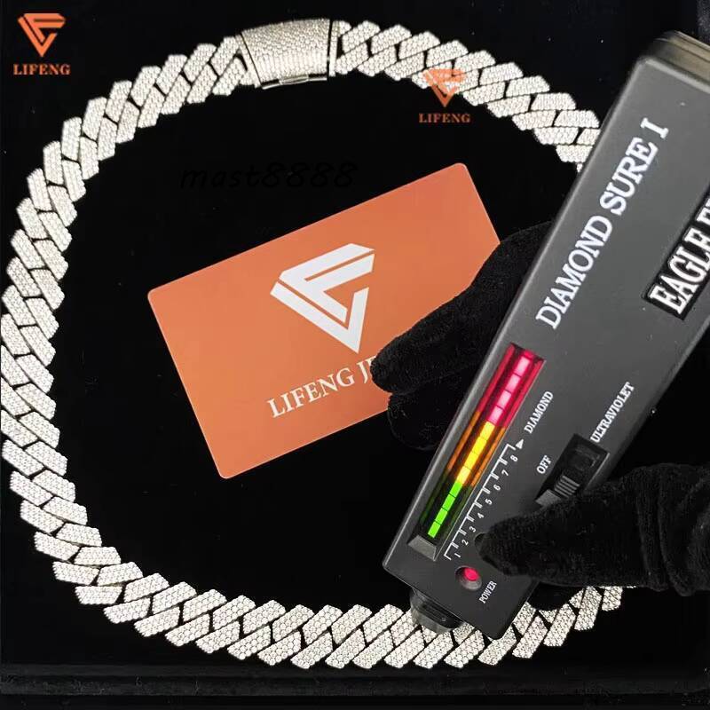 Lifeng Jewelrys 14MM Cuban Link Chains Iced Out Hip Hop Moissanite Necklace 925 Silver Diamond Main Stone White Gold Parties
