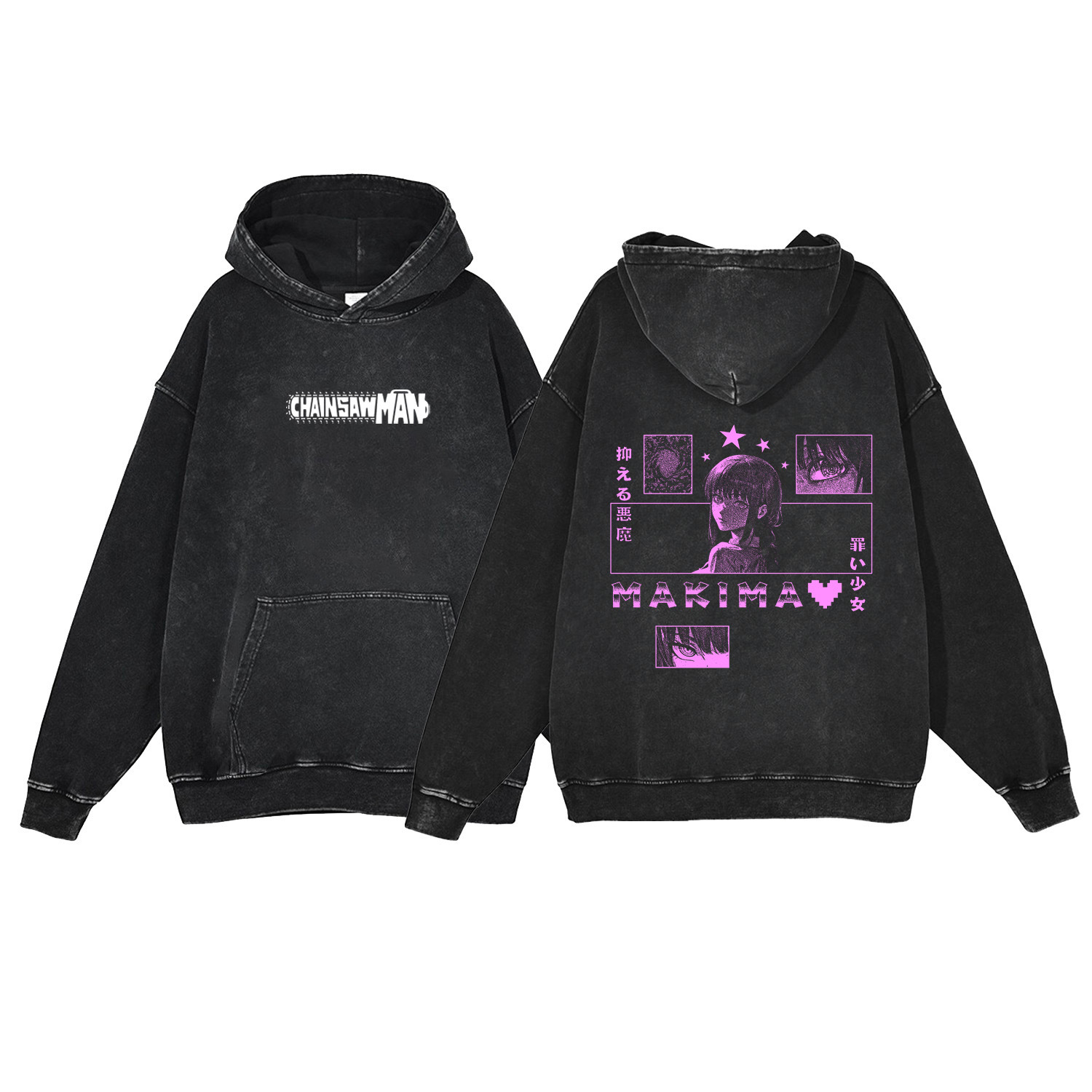 440g Heavyweight Washed Vintage Chainsaw Man Cartoon Anime Street Retro Cotton Hoodie Streetwear Hoodie - VT1558