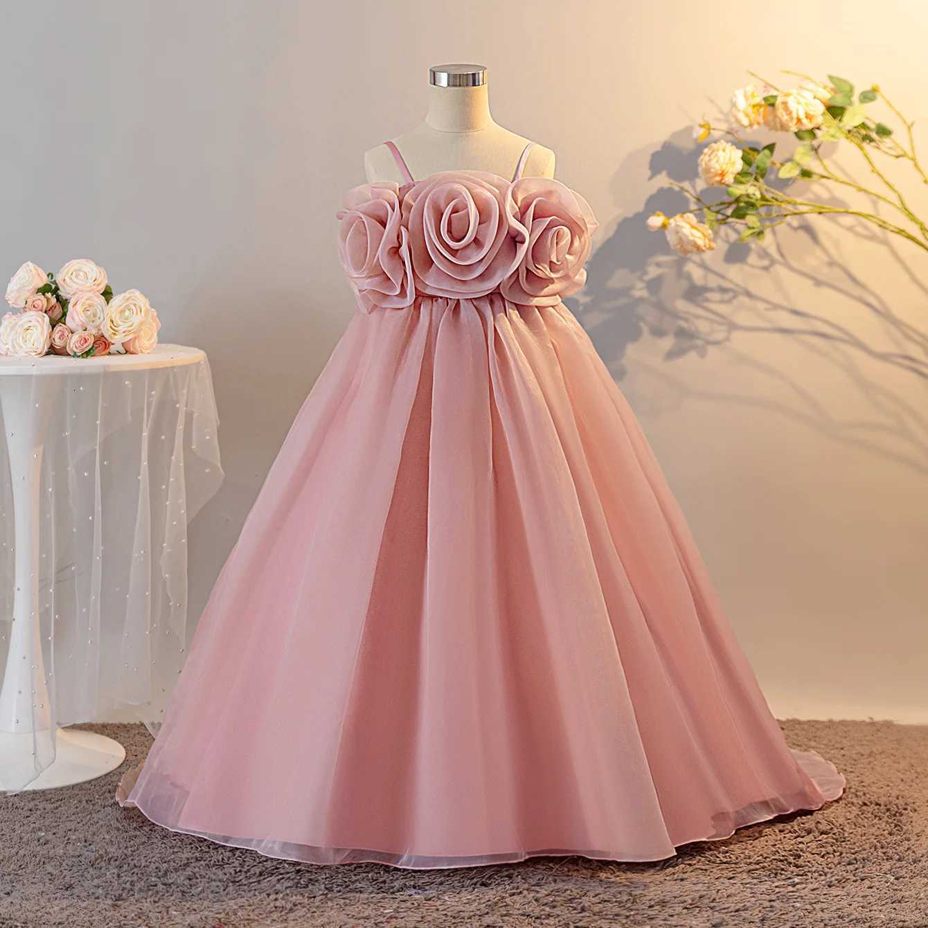 Elegant Trailing Wedding Princess Party Dresses for Girls Backless Flower Birthday Prom Girl Dresses Bridesmaid Evening Costumes Z250904