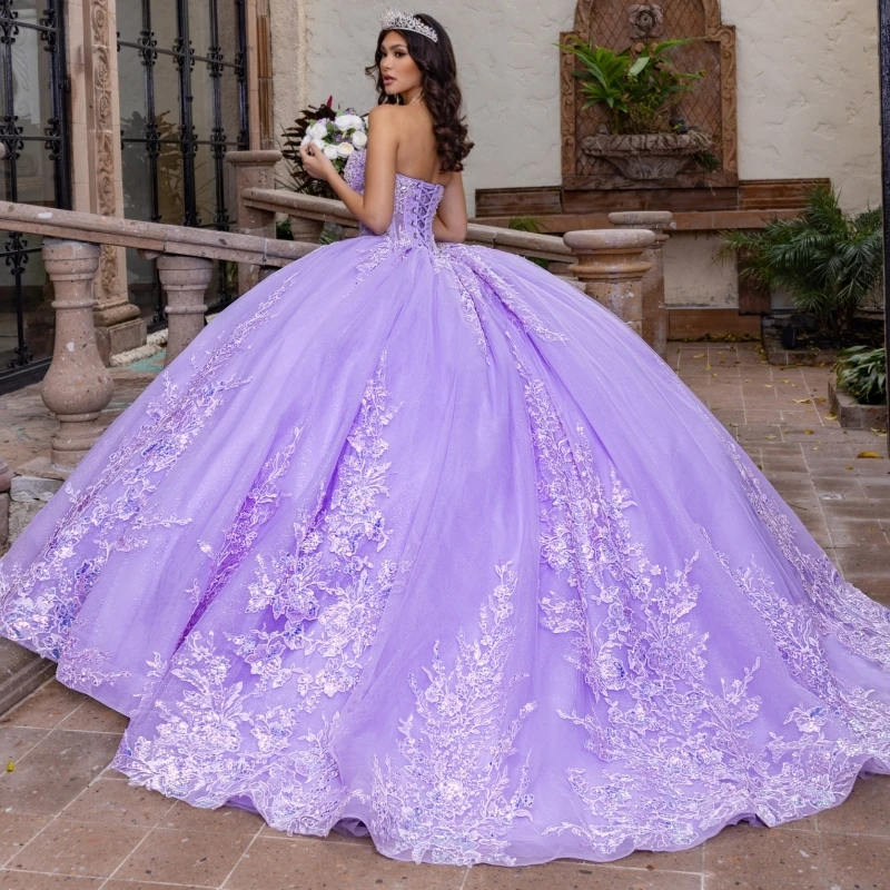 Lavender Shiny Quinceanera Dresses Ball Gown Off The Shoulder Applique Lace Beads Tull Party Sweet 16 Dress Vestidos 15 De Anos