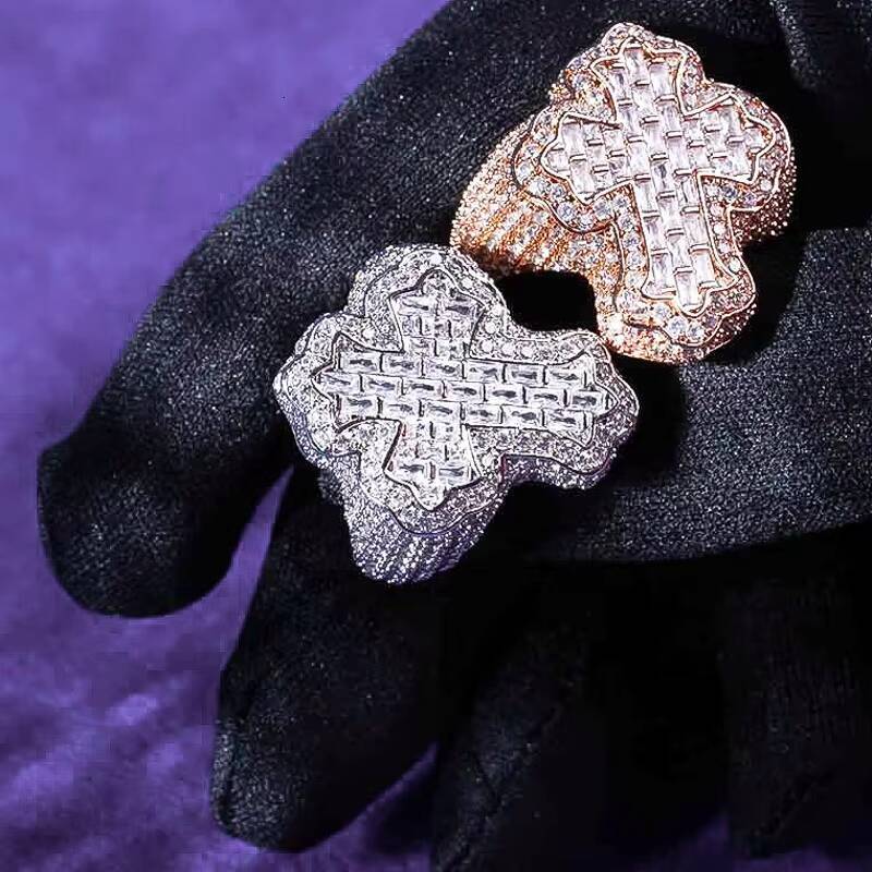 GRA Hip Hop Iced Out Bling 925 Sterling Silver Pass Diamond Tester VVS Moissanite Fleur Baguette Cross Ring for Men