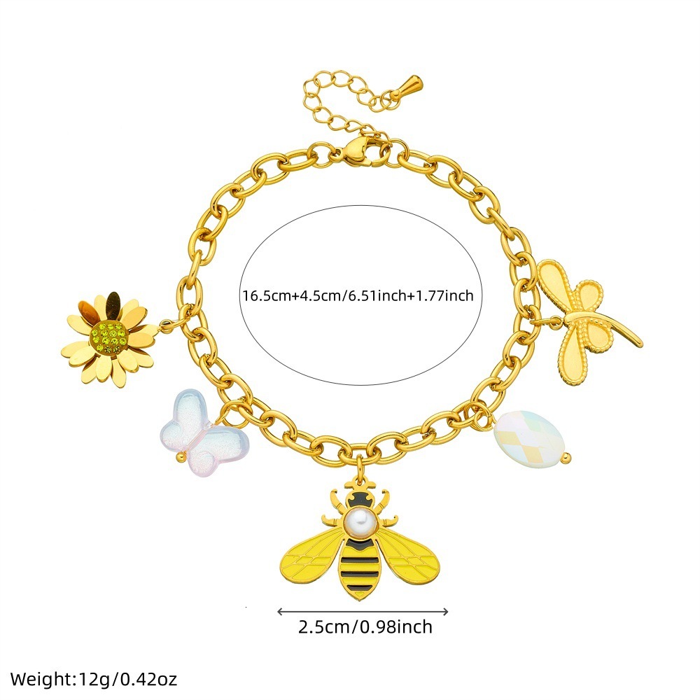 New Gold-Plated Multi-Element Accessories Insect Animal Pendant Butterfly Bee Flower Stainless Steel Chain Bracelet