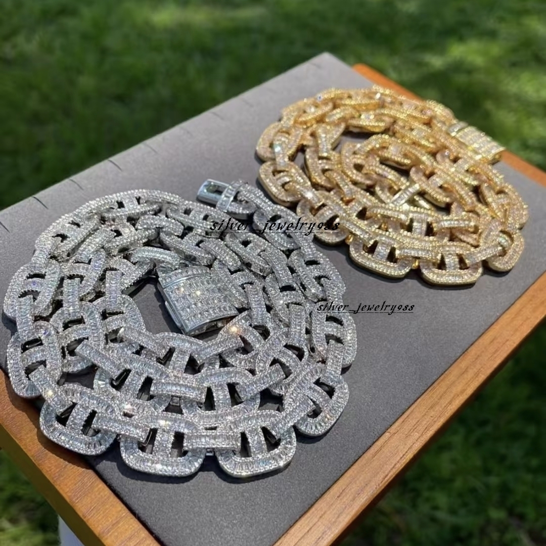 High Quality 16mm Baguette Hip Hop Link Chain 925 Sterling Silver VVS Moissanite Necklace for Men Iced Cuban Style