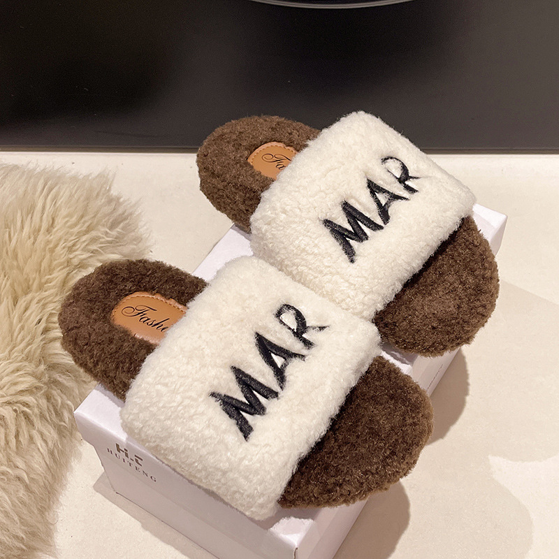 Women's fluffy slippers suitable for outdoor wear flat sole ins trendy shoes autumn and winter 2025 thick-soled cotton slippers spring and summer