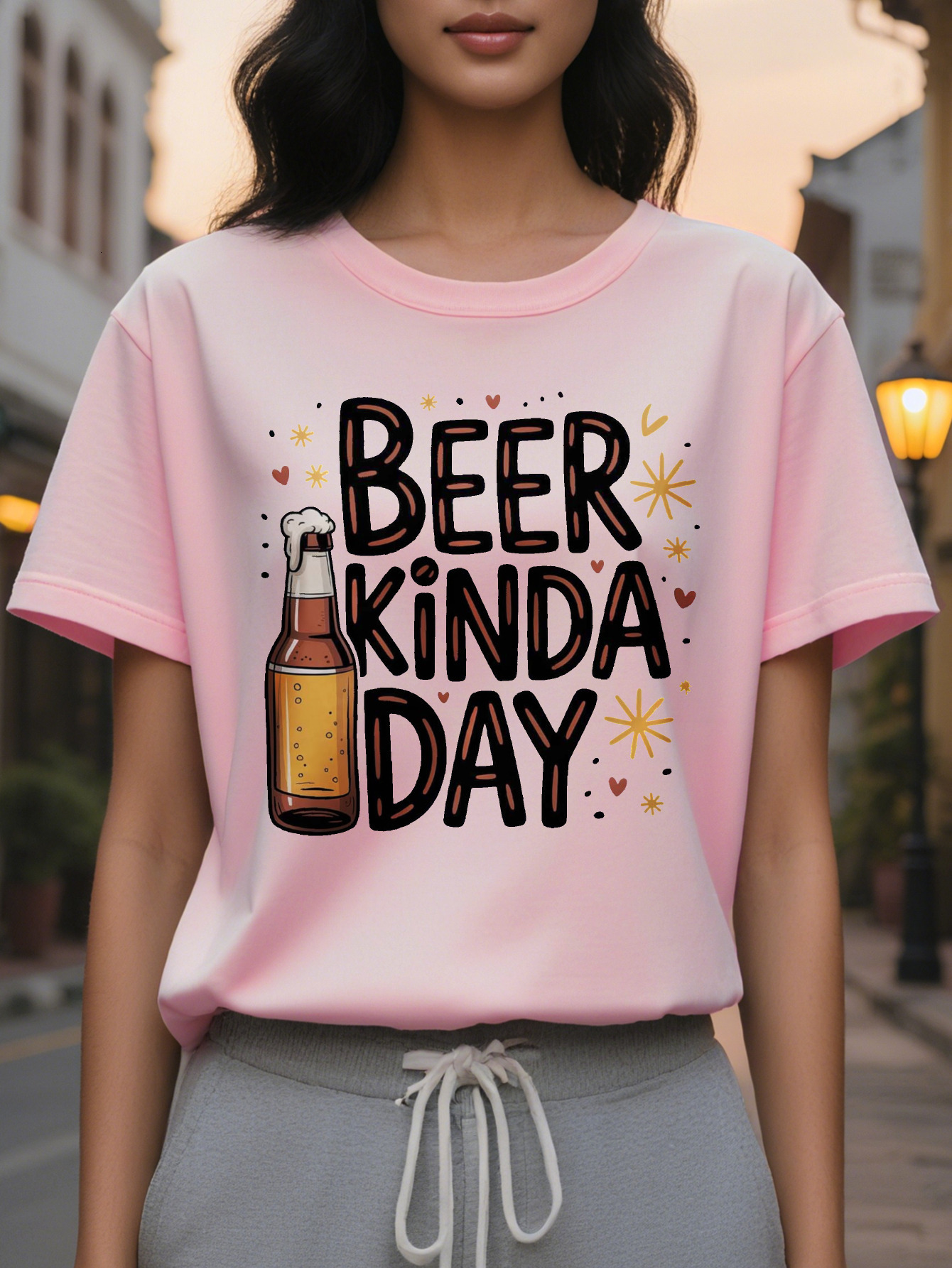Women's Fun Lover T-shirt BEER KINDA DAY Slogan Bottle Pattern White Round Neck Summer Top Washable Party Dress