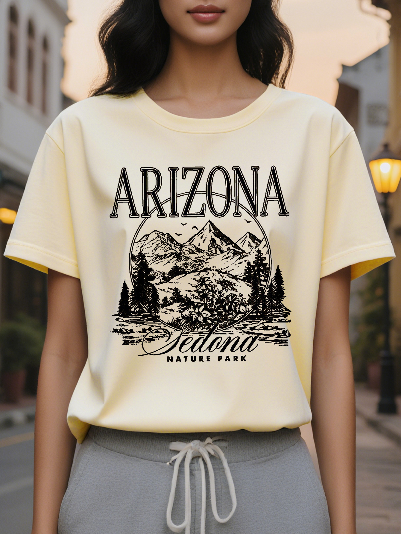 Ladies Arizona Pattern Printed T Shirt Bright Pink Slim Short Sleeve Jacket Desert Landscape Design Breathable Crew