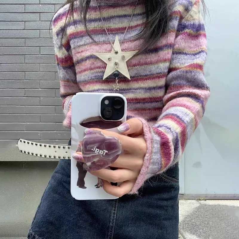 Karrram Japanese Y2k Turtleneck Sweater Vintage Rainbow Striped Pullover Korean Fashion Knitted Jumper Harajuku Grunge Knitwear M250904