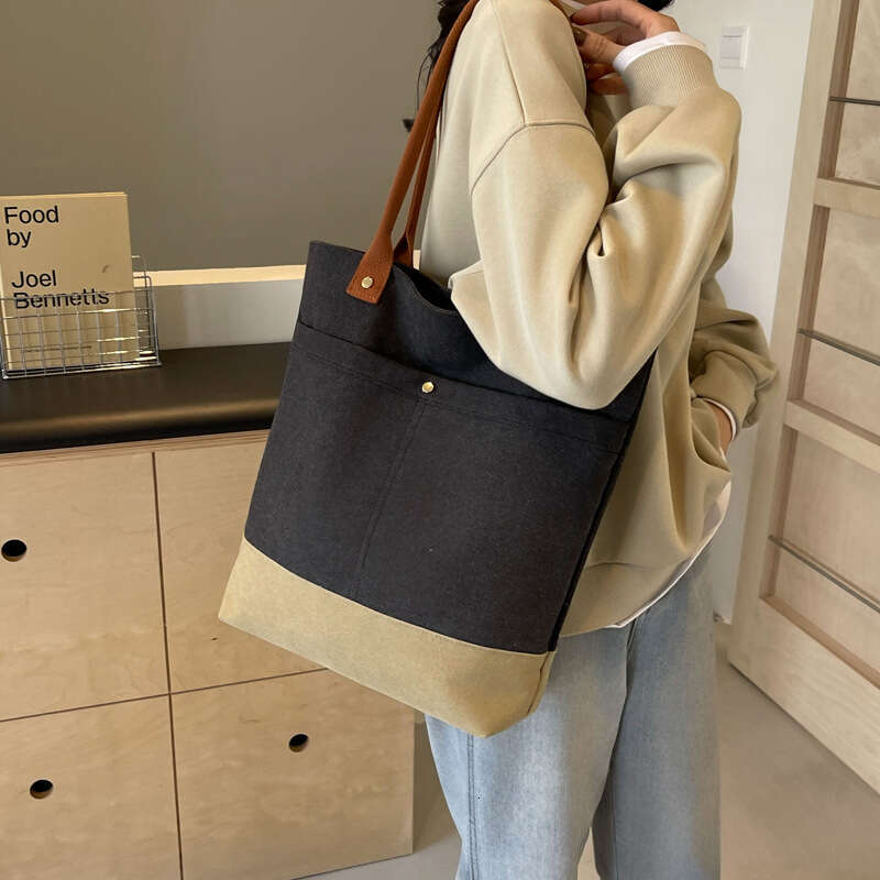 Korean Fashion Patchwork Large Capacity Thick Bucket Canvas 2025 New Style Textured Casual Versatile Shoulder Bag
