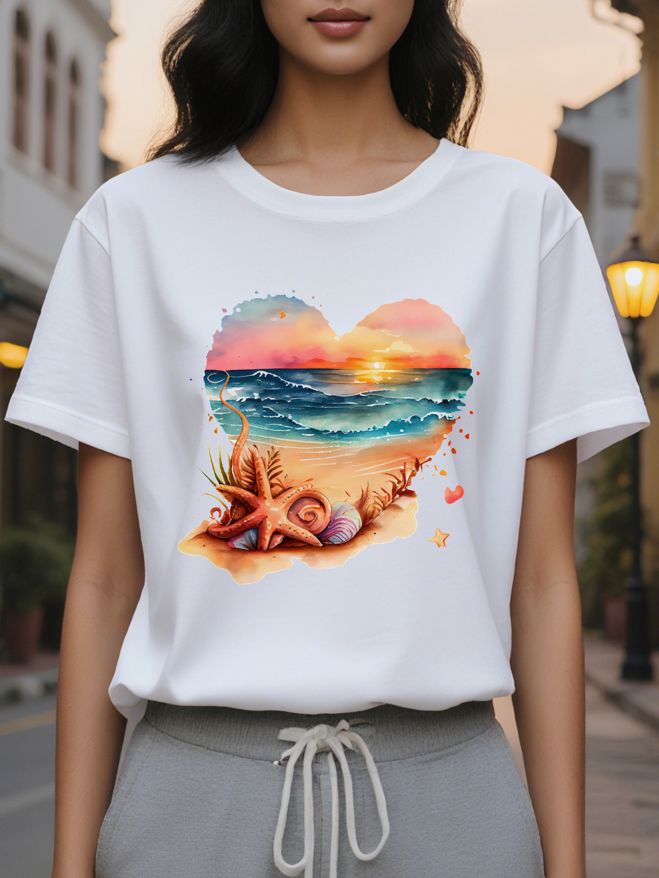 Beach Heart Shaped Short Sleeved T Shirt Ladies Round Neck Casual Top Suitable for Spring and Summer