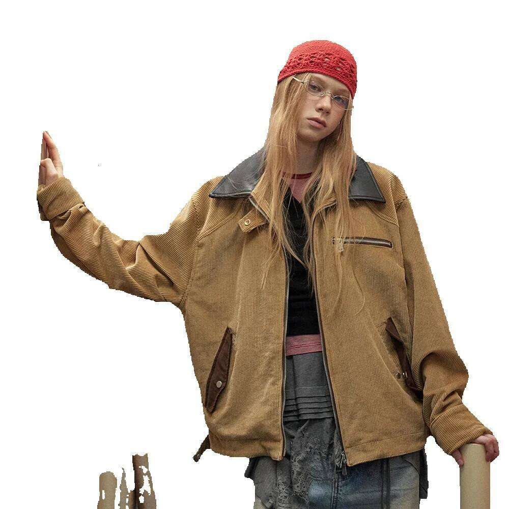 Corduroy Autumn Winter Unisex American Style Trendy Brand Color Block PU Leather Lapel Double Zipper Cardigan Jacket