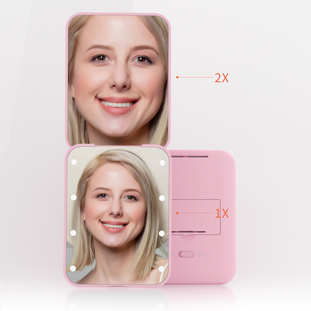 portable folding makeup Woman cute 2x magnification Travel Handheld LED Cosmetic Button Battery mirror pocket mirror with light