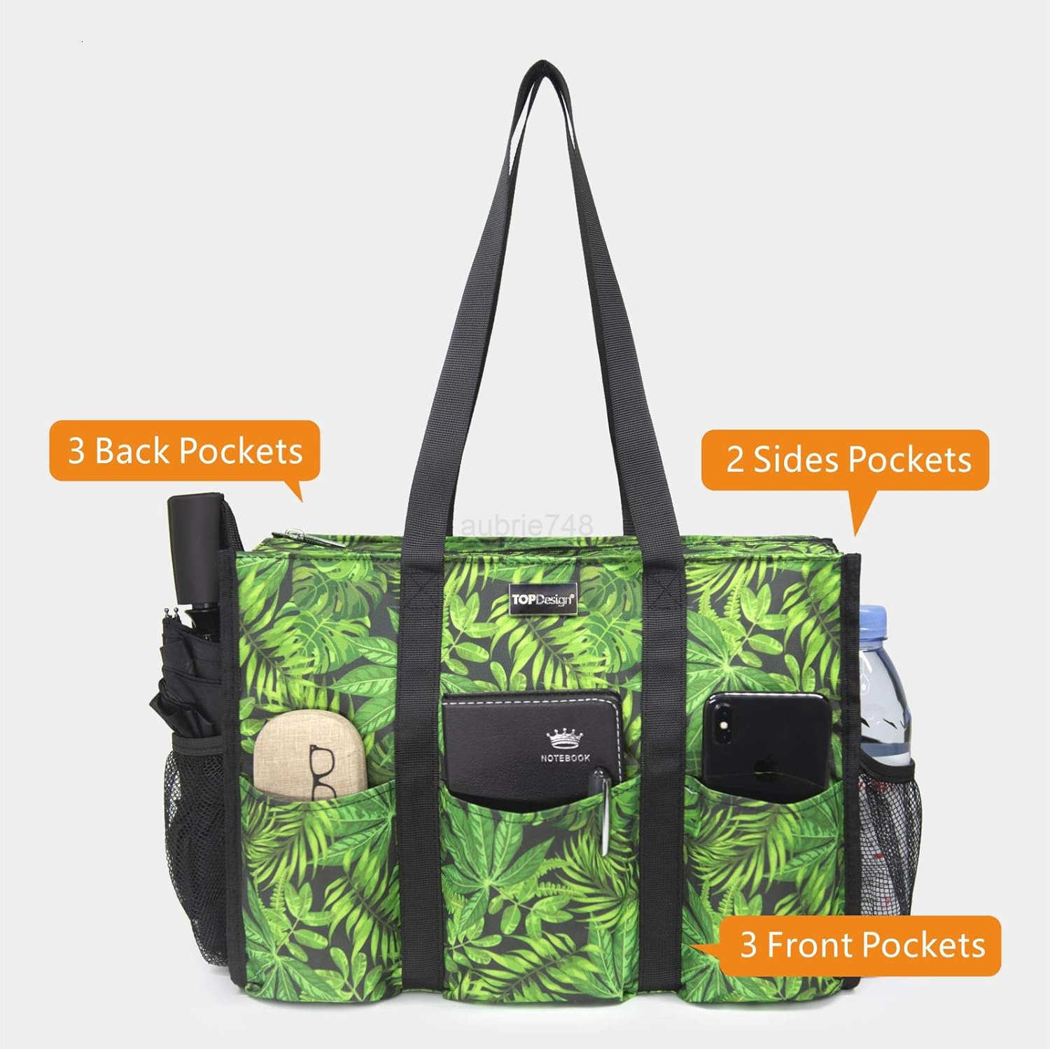 Utility Water Resistant Tote Bag with 13 Pockets Top Zipper Closure Thick Bottom Support for Working Women M250904