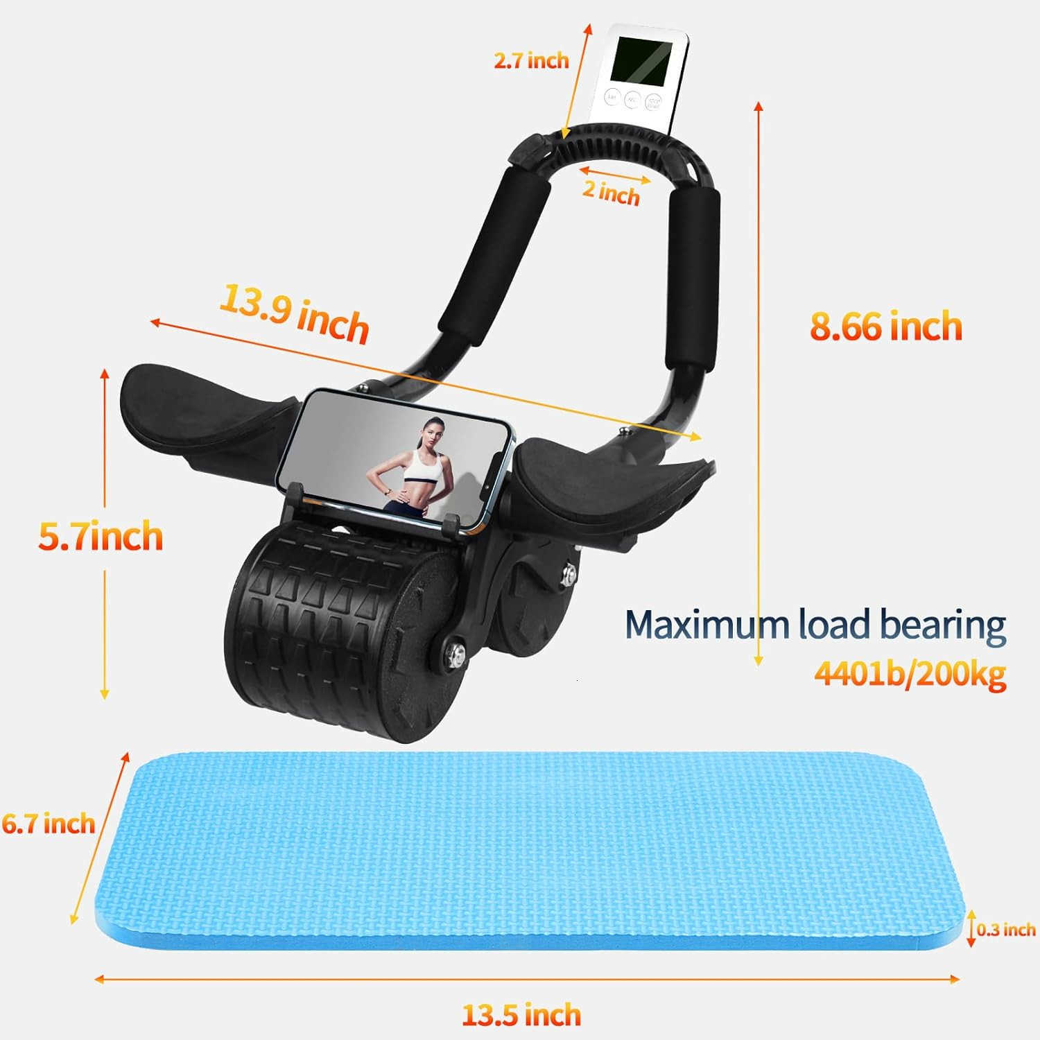 Ab Roller Wheel with Timer Knee Mat Home Workout Auto Rebound Abdominal Wheel with Elbow Support Core Workout Equipment for Strengthening Abs Home Gym