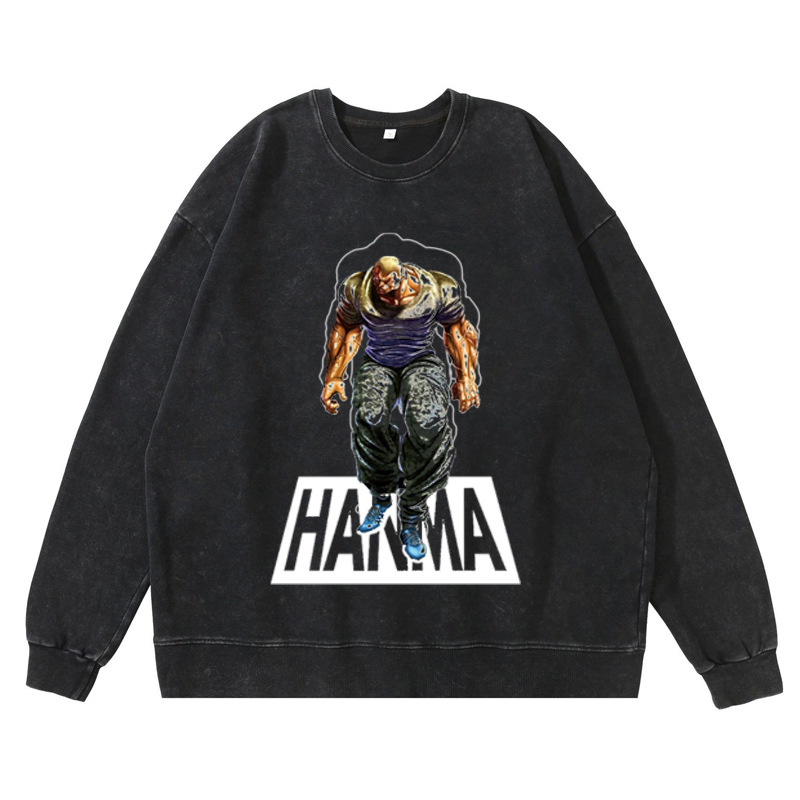 360g Heavyweight Pre-Washed Distressed Jack Hanma Anime-Inspired American Vintage Crewneck Cotton Sweatshirt - TT8343