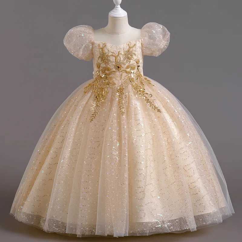 Youth Girls Summer New Sequin Sticker Bubble Sleeve Long Mesh Fluffy Skirt Piano Competition School Graduation Ceremony Dress Z250904