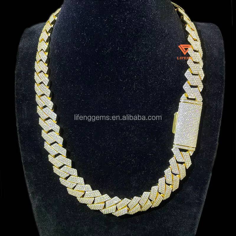 925 Silver Mens Hip Hop Style Necklace with VVS Moissanite Diamond Prong 15mm 3Row Yellow Gold Cuban Link Chain GRA JEWELRY