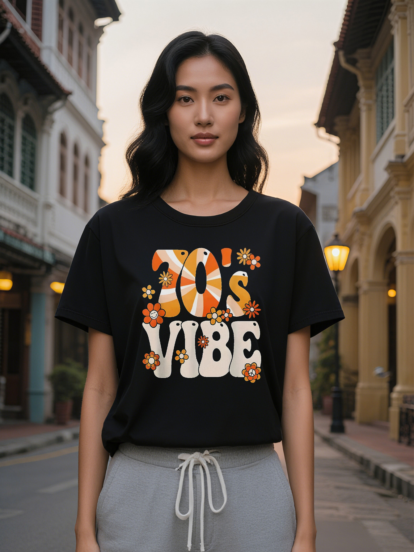 Large XL Lady Retro Graphic T Shirt Black Casual Short Sleeve Round Neck Tee With Bold S Vibe Lettering Colorful Plus Size
