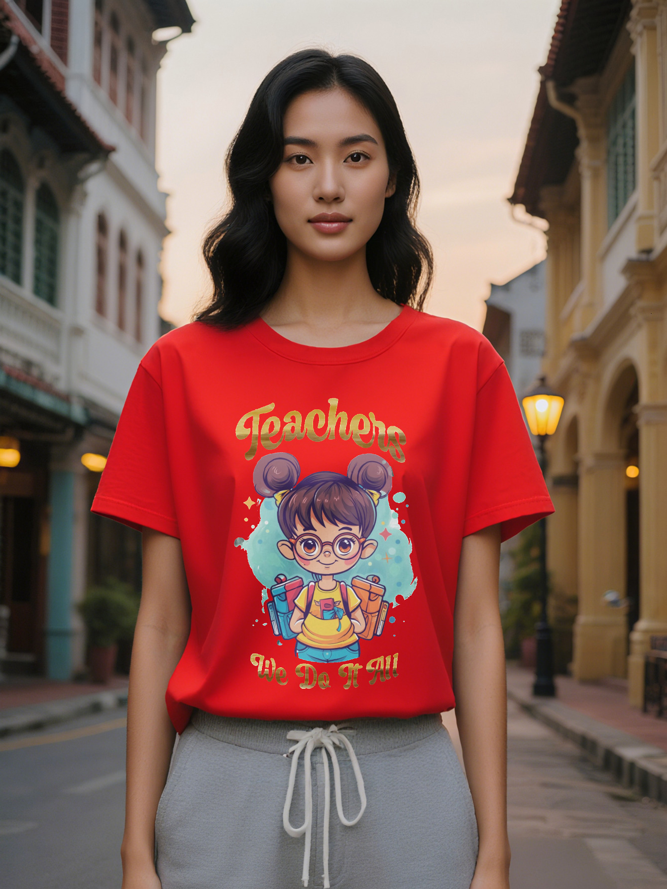 Lady T Shirt with Cartoon Girl Glasses Teachers We Do It All Print Black Tee, Washable Regular Fit Top for