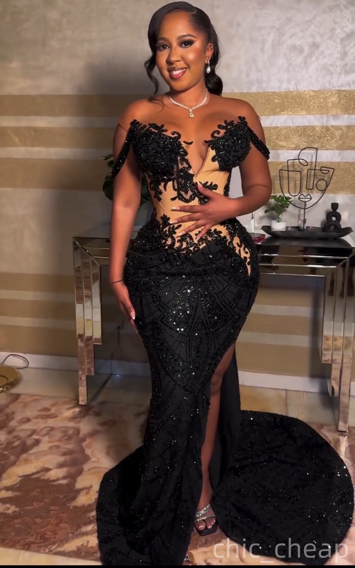 Aso Ebi Mermaid Black Prom Dresses 2025 Lace Beaded Illusion Sequined Evening Formal Party Second Birthday Engagement Gowns Plus Size Dress For Specia