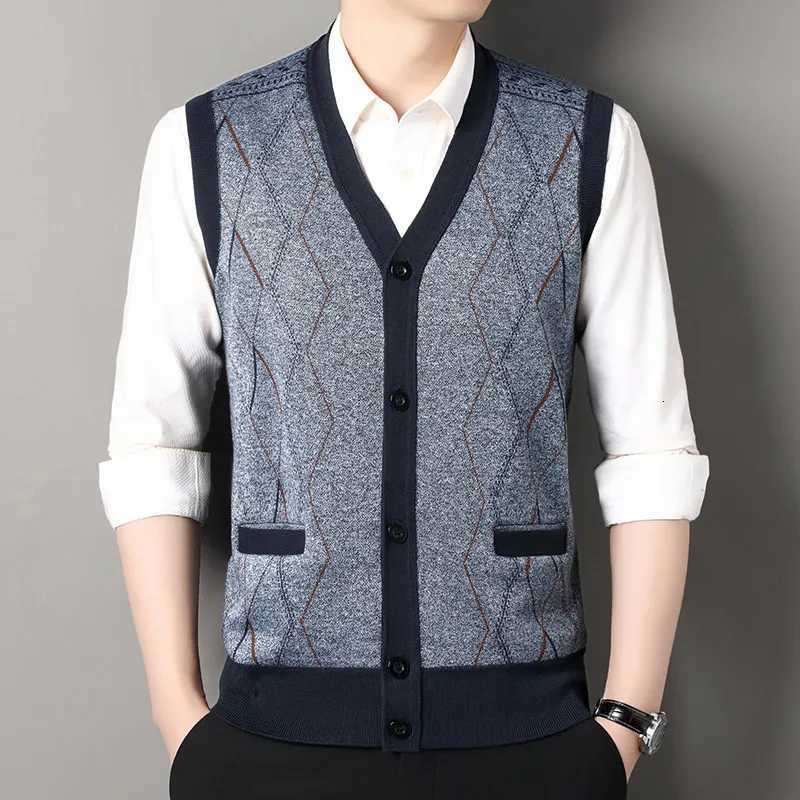 Autumn Winter Mens Sleeveless Knitted Cardigan Middleaged and Elderly Mens Warm Vest Coat Casual Fit Daily Hair Sweater VestXJ250904