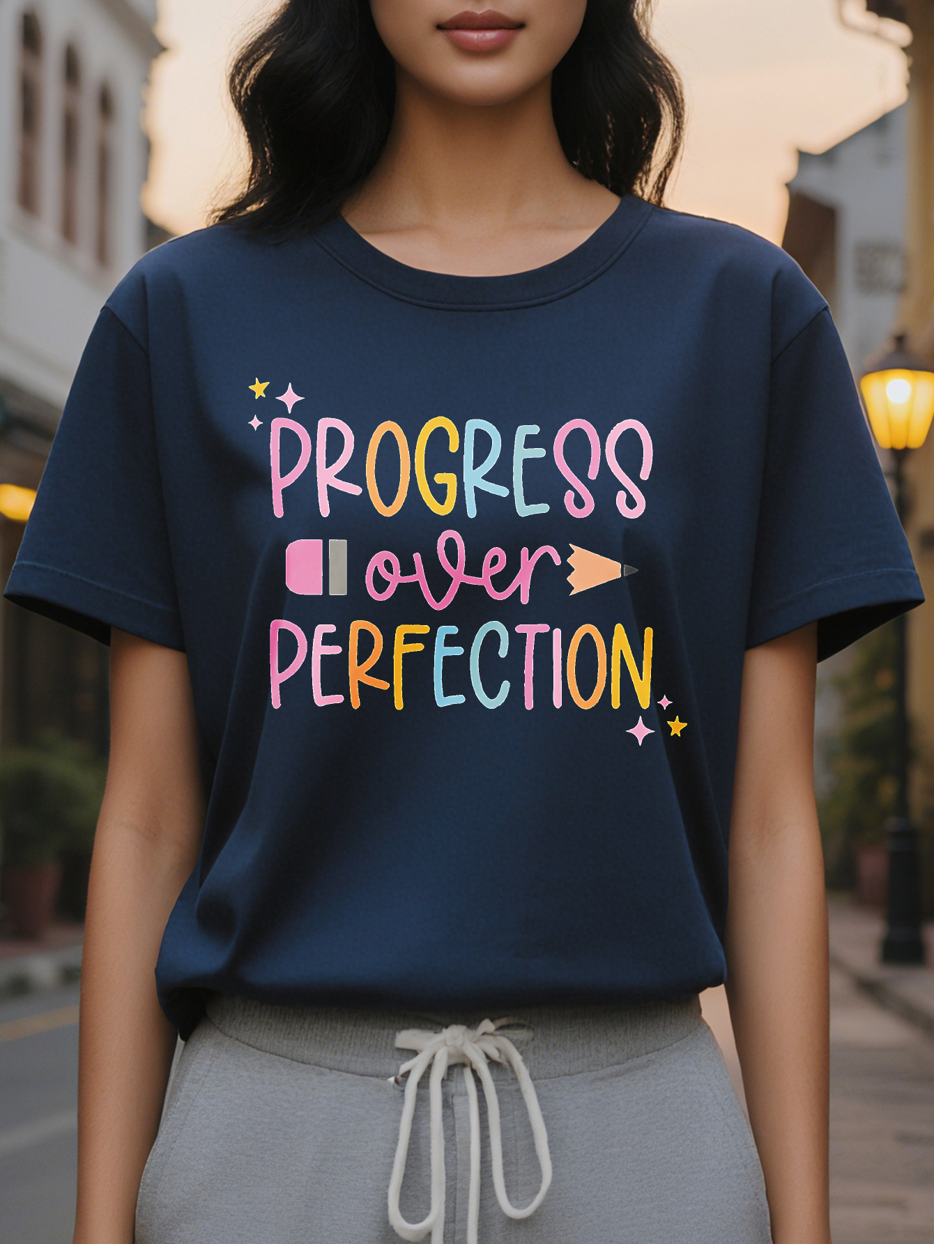 Large XL Women S Casual Crew Neck T-Shirt with Progress Over Perfection Graphic Cotton Knit Fabric Regular Length All Season Plus Size