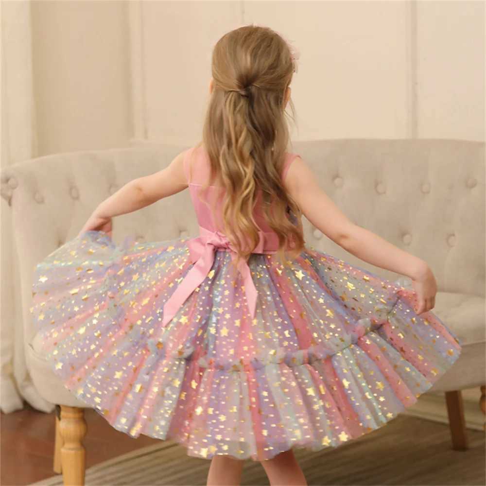 1-5 Years Toddler Kids Summer Princess Bow Dresses Sleeveless Lace Mesh Sequined Stars Colorful Tulle Dress Baby Girl Clothes Z250904