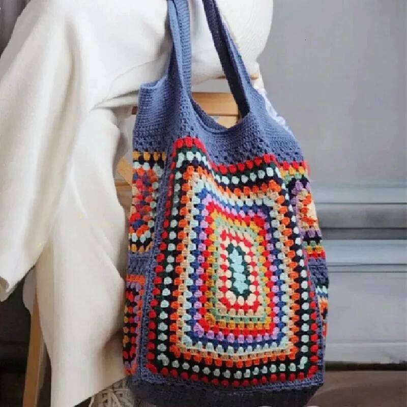 Handwoven grandmother grid women's shoulder with lining handbag, simple and fashionable beach bag, shopping bag