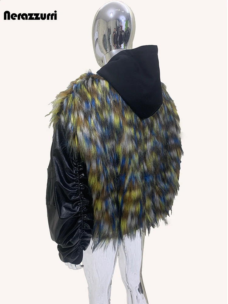 nerazzurri Autumn Winter Cool Oversized Thick Warm Patchwork Faux Fur Coat Men 2 Pieces Clothes Hoodie Fluffy Jacket 250904
