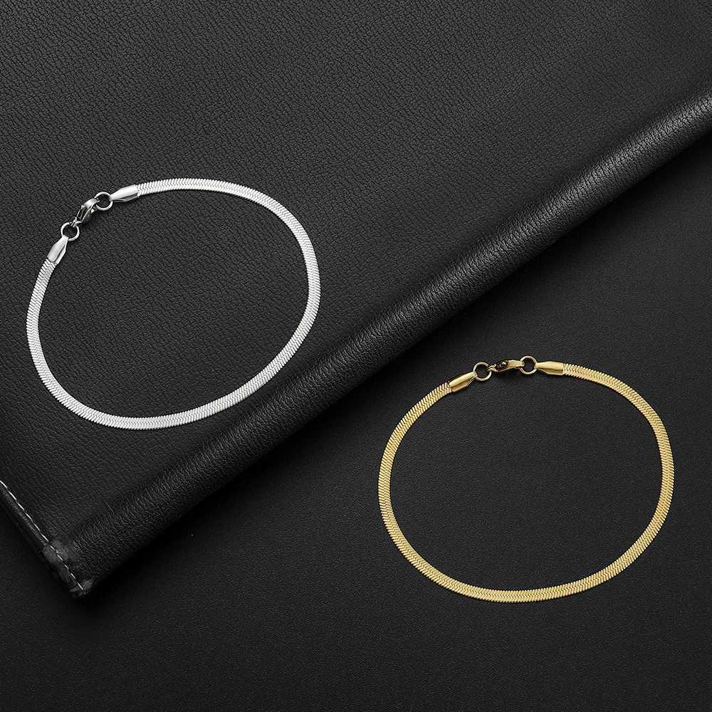 3MM Minimalist Stainless Steel Golden Herringbone Chain Bracelet for Women Men Snake Flat Link Bracelet Fashion Jewelry Gift W250904