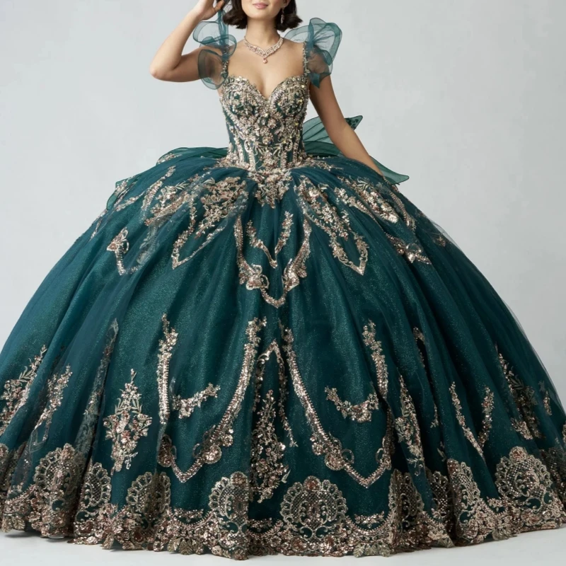 Blackish Green Shiny Quinceanera Dresses Ball Gown Off The Shoulder Applique Lace Bow Beading Crystal Party Tull Sweet 16 Dress Vestidos 15 De Anos
