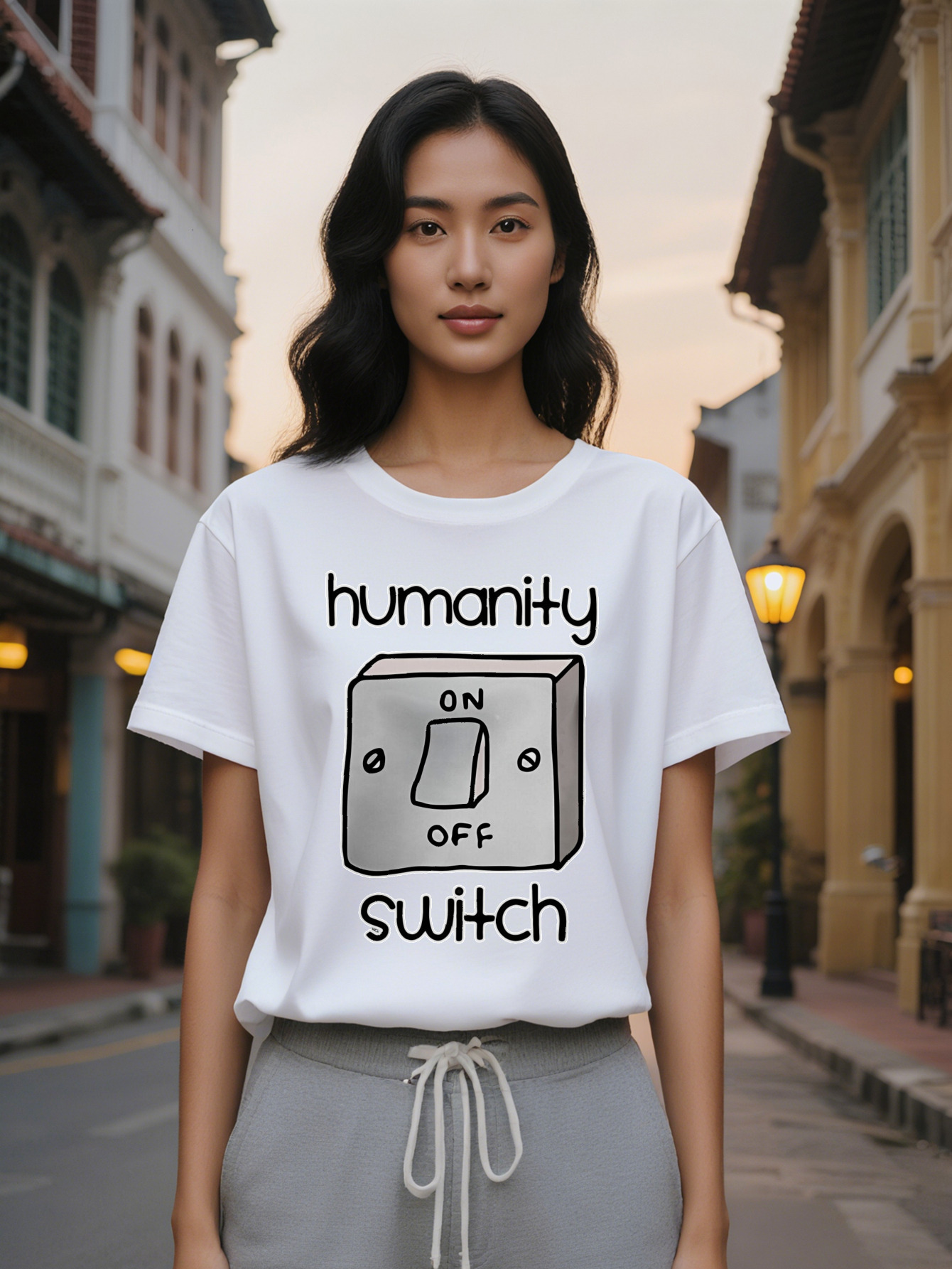 Large XL Women's Casual Crew Neck T-Shirt with HUMANITY ONOFF Light Switch Print Black Short Sleeve Summer Tee Perfect Gift for Plus Size