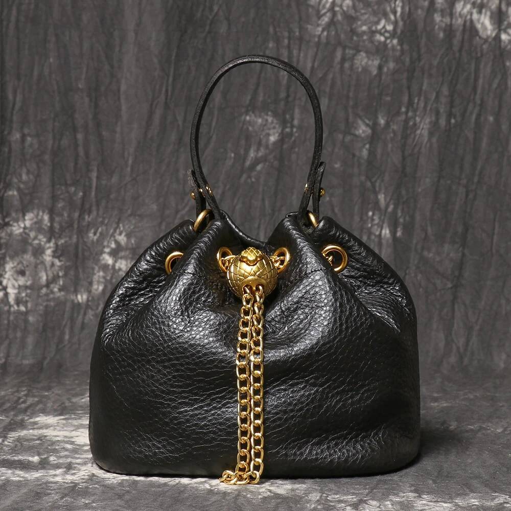 LUOKIR New Metal Drawstring Versatile Women's Handbag Genuine Leather Chain Crossbody Vintage Bucket Mobile Phone Bag