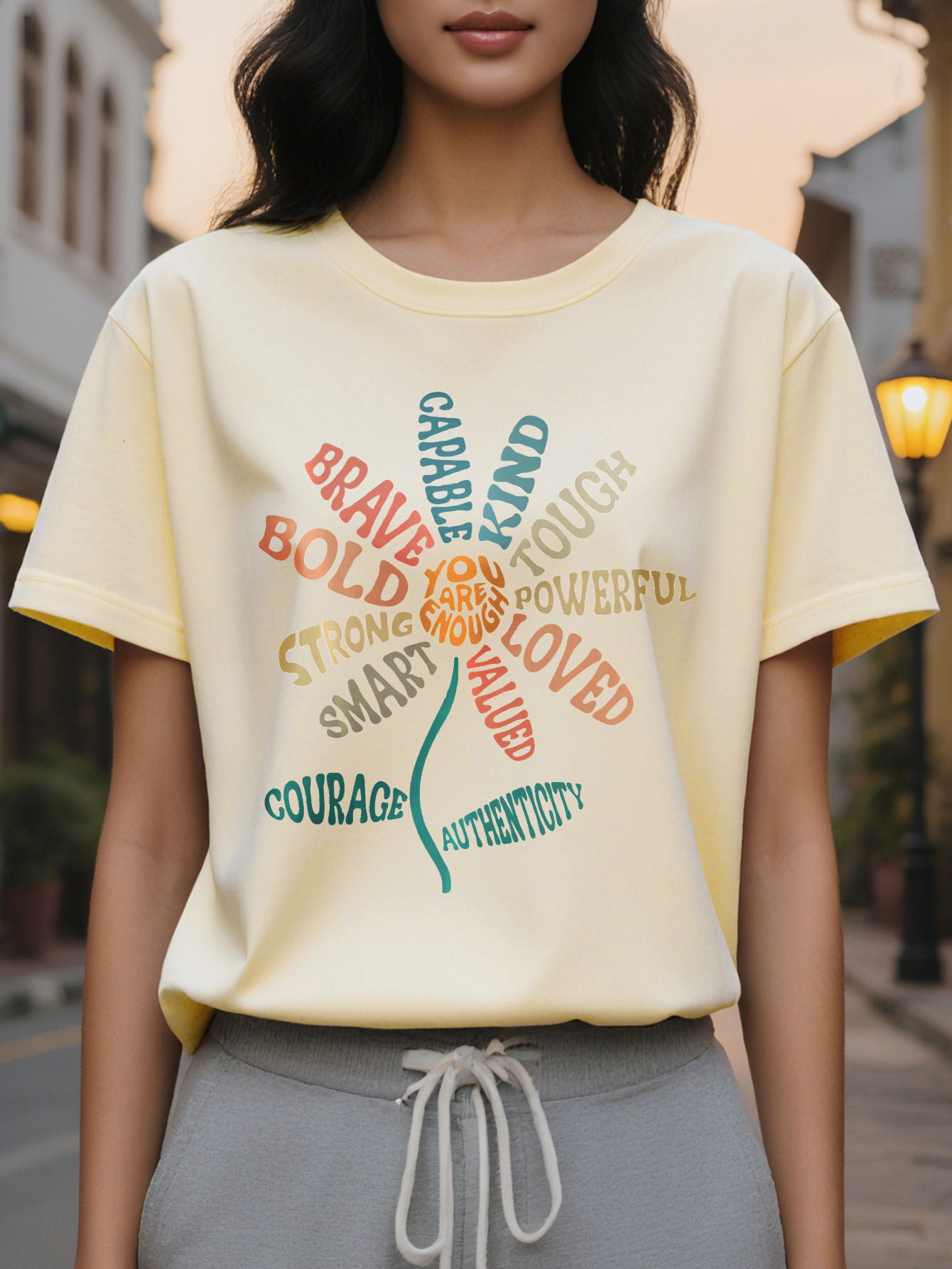 Women's Motivational Letter Printed T-Shirt Round Neck Short Sleeve Elastic Cotton Suitable for Spring