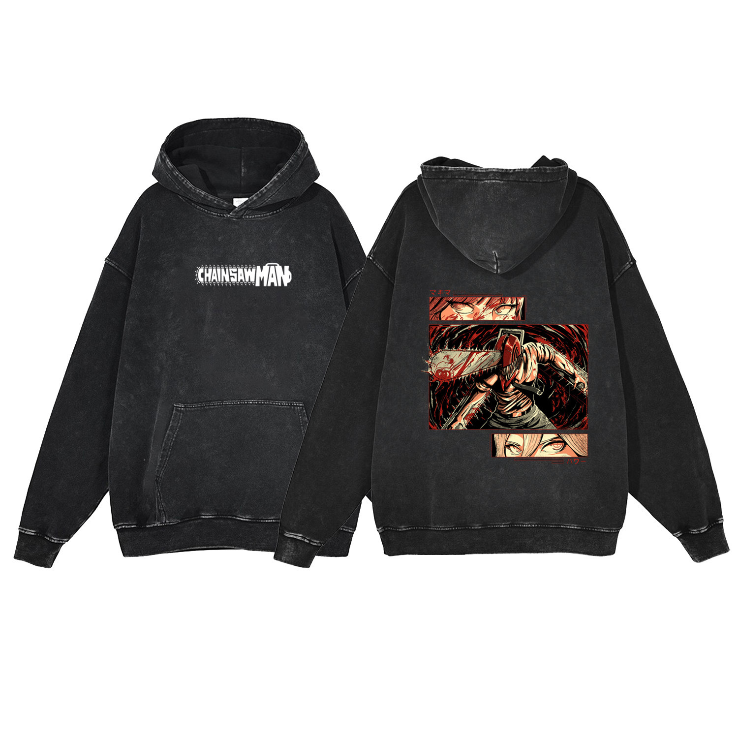 Washed Denim Look Chainsaw Man Cartoon Cotton Sweatshirt with Hood - VT1554