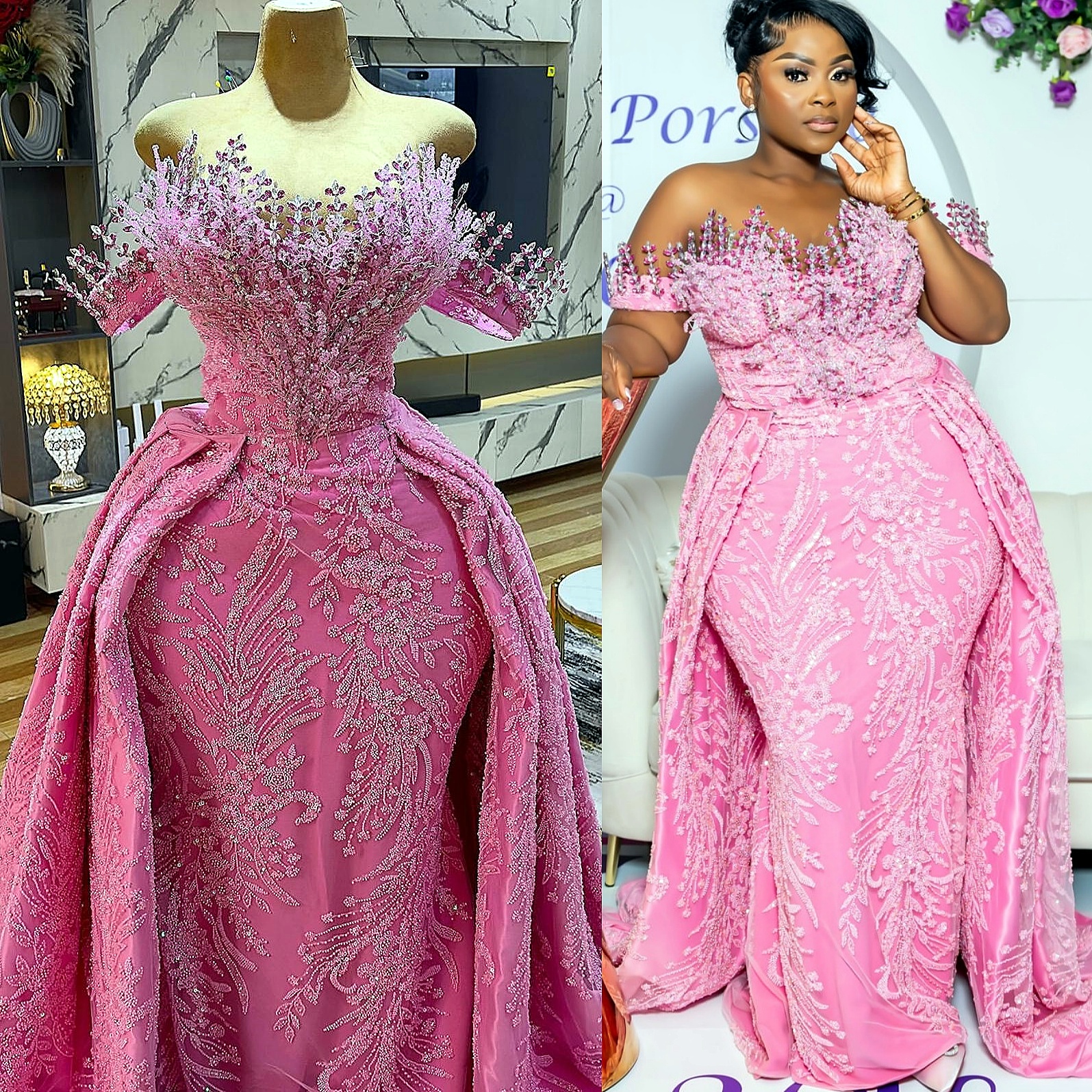 Aso Ebi Mermaid Pink Prom Dresses 2025 Crystals Detachable Train Evening Formal Party Second Birthday Engagement Gowns Plus Size Dress For Special Occ