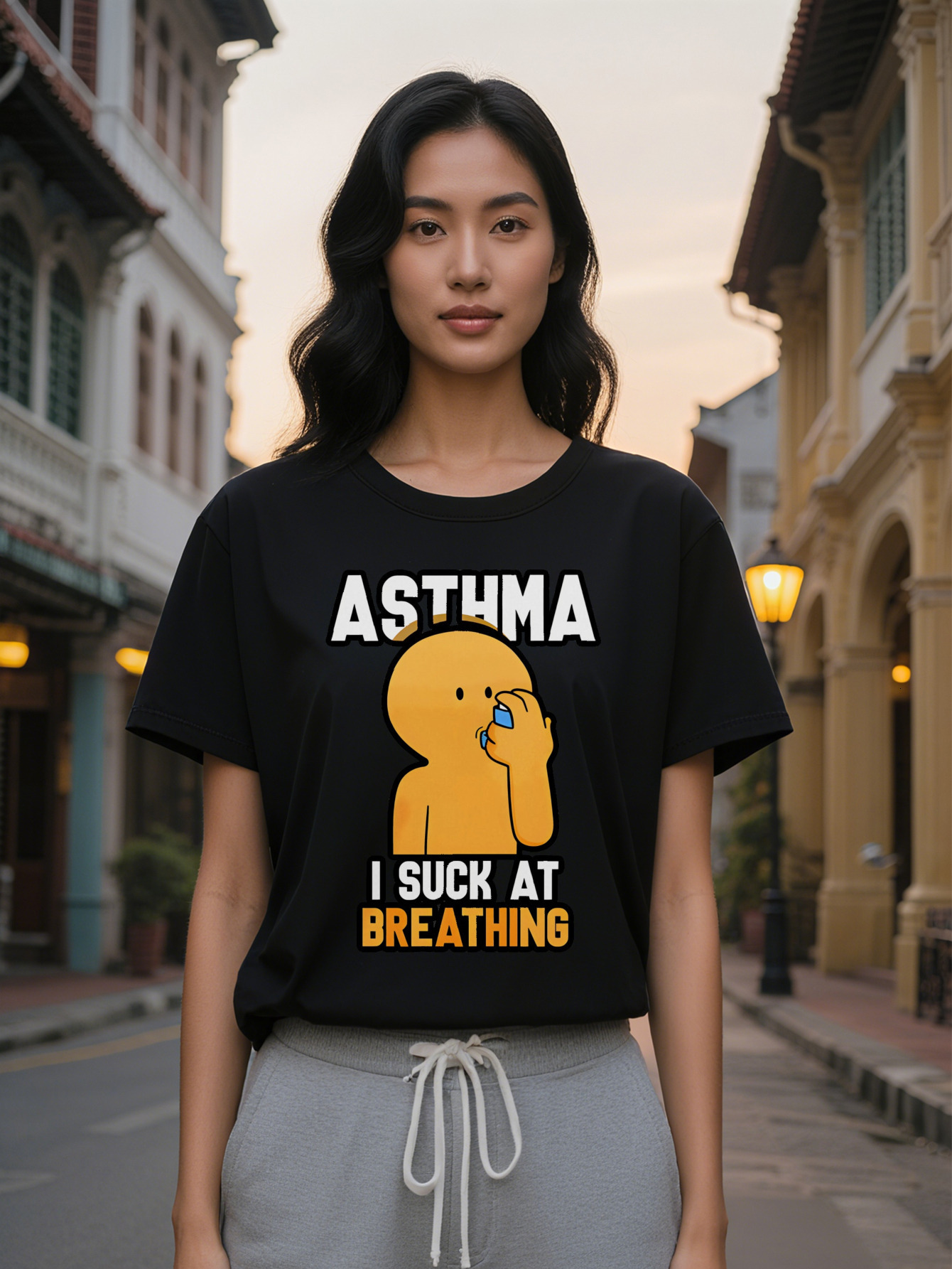 Lady Humorous Asthma Graphic T-Shirt Black Casual Round Neck Tee with Cartoon Character I SUCK AT BREATHING Print