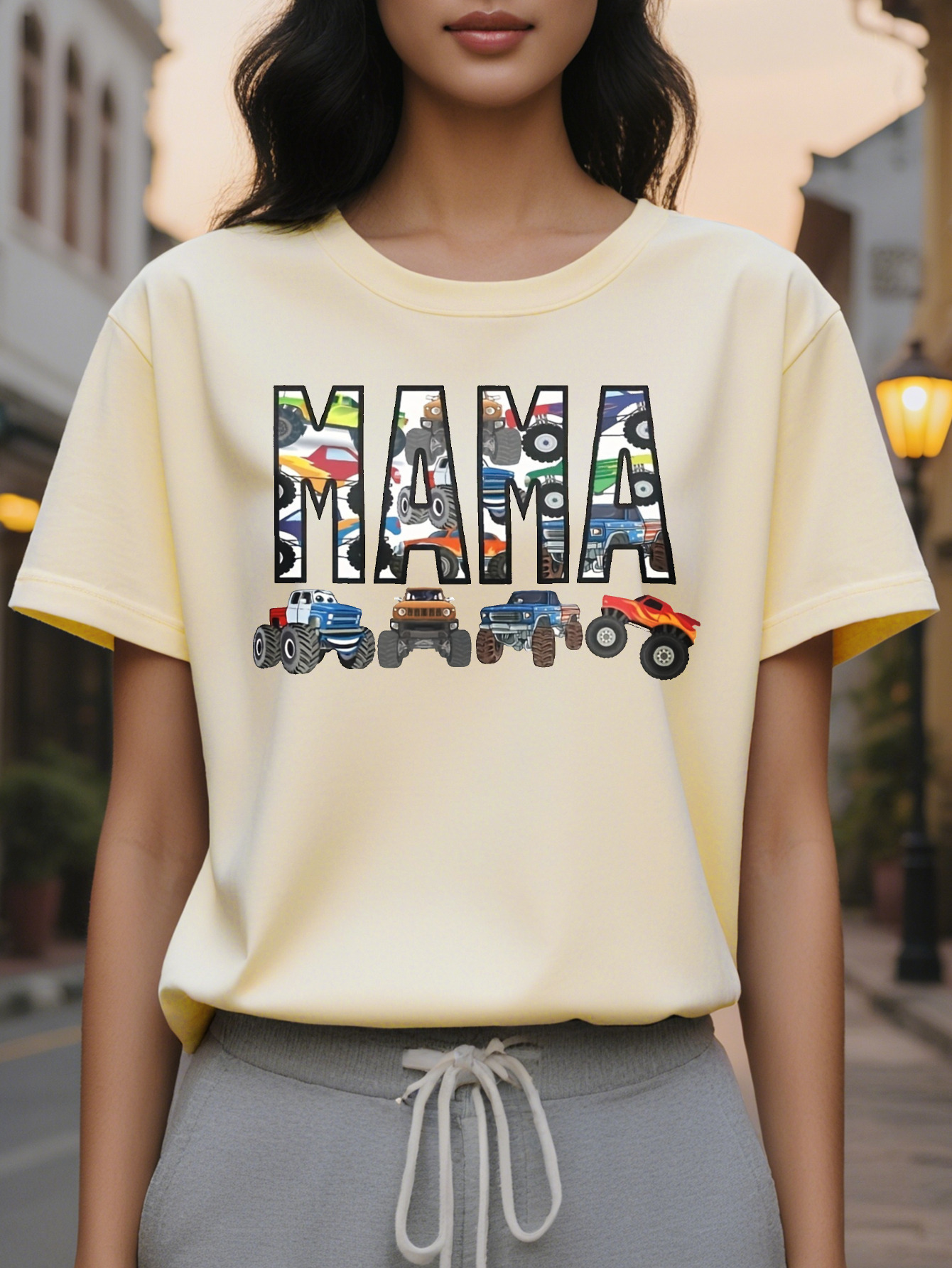 Large XL Light Beige Women's Casual Short Sleeve Round Neck T-Shirt Playful MAMA Truck Construction Graphic Print hine Plus Size
