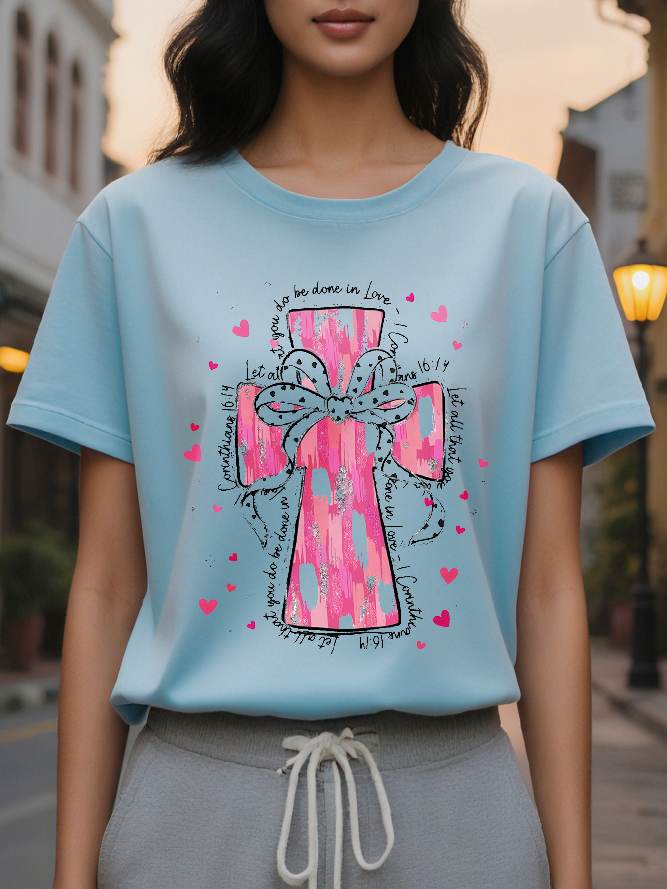 Women's Elegant Christian T-Shirt Short Sleeve Round Neck Regular Length Spring Summer Casual Top with Cross Design