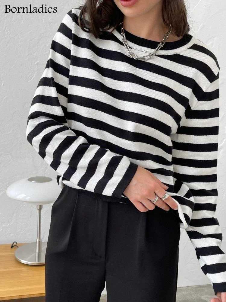 Bornladies Knitted Stripe Sweater Women 2025 Autumn Winter Loose Casual Thick Pullovers Female Warm Longsleeved Round Neck Tops M250904