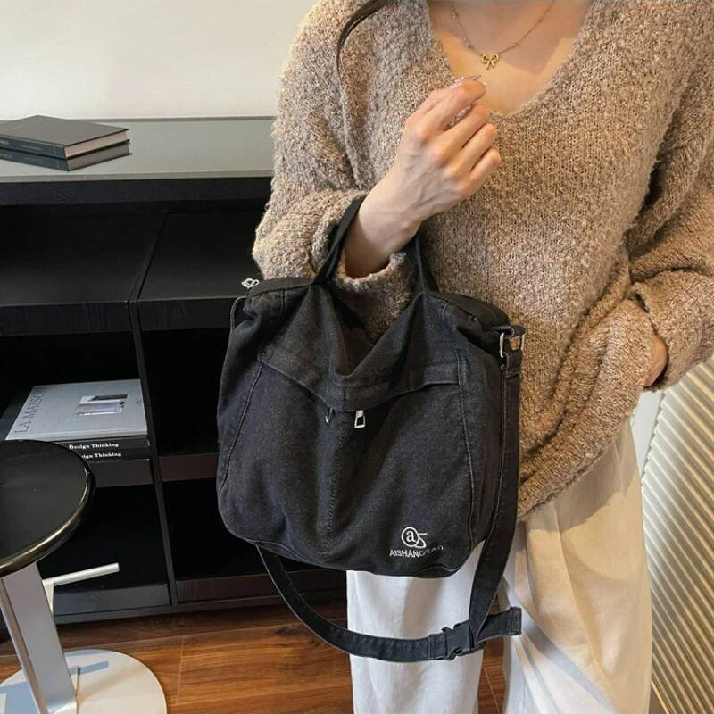 Textured Casual Crossbody Simple Embroidered Shoulder Denim Large Capacity Handle Bag